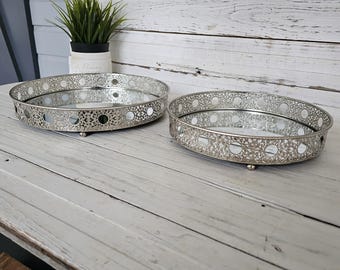 2 Round Metal and Mirrored Vanity Trays - Makeup Organizers