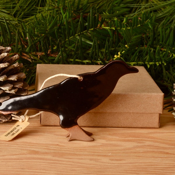Black Crow Ornament w/ gift box, Halloween Ornament, Adornment, Pottery Ornament, Ceramic Ornament, Handmade, Adirondack Decor, Nature