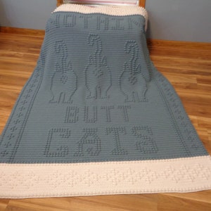 May include: A blue crocheted blanket with a white border. The blanket has a raised design that reads "Not all who wander are lost but cats".
