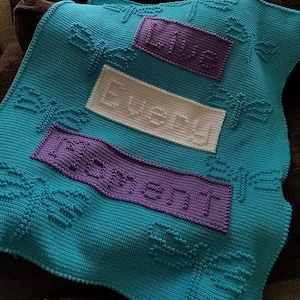 May include: A turquoise crocheted baby blanket with a dragonfly pattern. The blanket has three rectangular panels with the words "Live", "Every", and "Moment" written in white and purple yarn.
