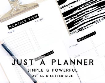 Black Minimalist Planner, Monthly Weekly Daily Pages (Printable PDF)