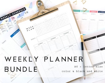 May include: A weekly planner bundle with a black and white design. The bundle includes a variety of planner pages, including daily, weekly, and monthly layouts. The planner pages are designed to help you stay organized and on track with your goals. The bundle includes both A4 and letter size pages.
