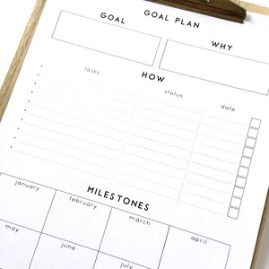 May include: A printable goal planner with sections for goal, goal plan, why, how, tasks, status, date, and milestones. The milestones section is a calendar grid with months from January to December.