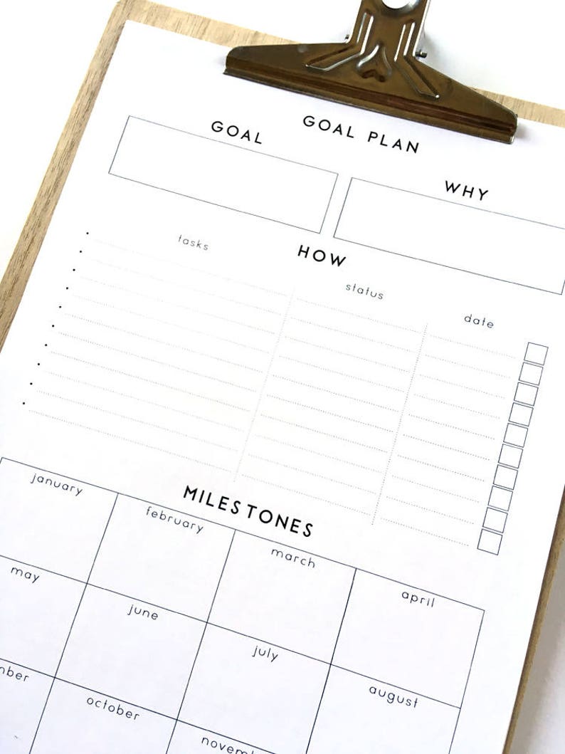 May include: A printable goal planner with sections for goal, goal plan, why, how, tasks, status, date, and milestones. The milestones section is a calendar grid with months from January to December.