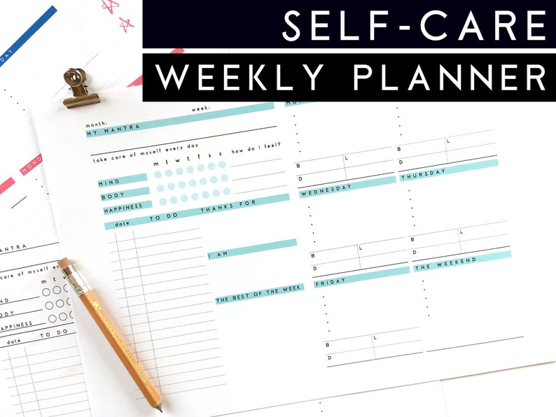 Weekly Planner, Self Care Printable Planner, A5 Planner inserts, Girl Power Fitness planner Habit tracker Meal Planner Gratitude Mindfulness image 1