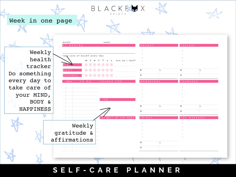 Weekly Planner, Self Care Printable Planner, A5 Planner inserts, Girl Power Fitness planner Habit tracker Meal Planner Gratitude Mindfulness image 3