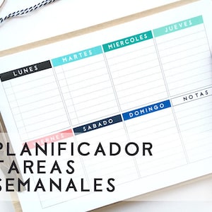 Planificador de Tareas Semanales. Planificador semanal imprimible. Blanco y negro + cada dia de un color.