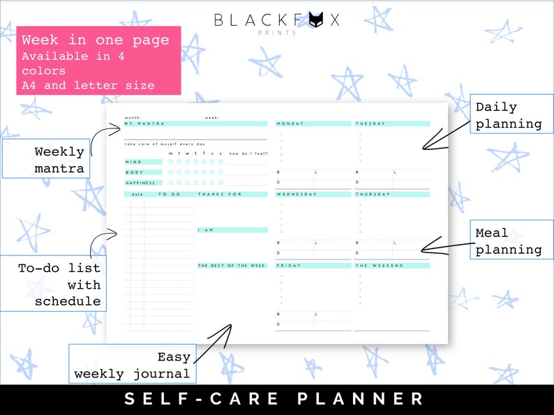 Weekly Planner, Self Care Printable Planner, A5 Planner inserts, Girl Power Fitness planner Habit tracker Meal Planner Gratitude Mindfulness image 2