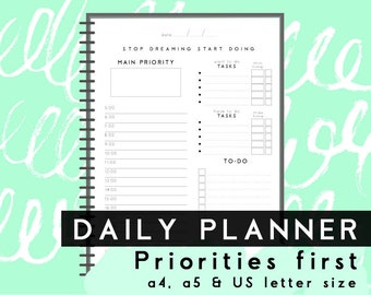 Daily Planner Pages, Simple Organization Inserts, To do plus daily schedule plus priorities, productivity printable inserts, download