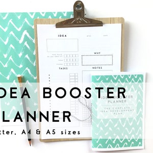 May include: A printable planner with a teal and white chevron pattern. The planner is titled "Idea Booster Planner" and includes sections for "Idea", "Why", "Tasks", and "Notes".