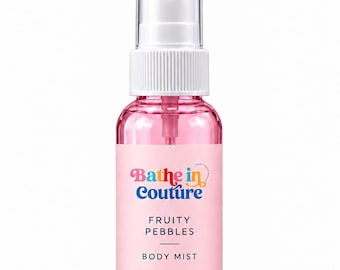 May include: A clear plastic spray bottle filled with pink liquid, featuring a white pump and a light pink label. The label reads Bathe in Couture, Fruity Pebbles, Body Mist, and 2 oz (59 mL). The bottle has a transparent cap.
