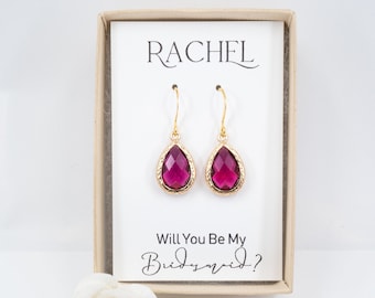 Fuchsia Gold Earrings - Teardrop Earrings - Pink Earrings - Fuschia Earrings - Dark Pink Earrings - Bridesmaid Gift - Bridesmaid Earrings