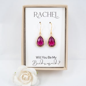 Fuchsia Gold Earrings - Teardrop Earrings - Pink Earrings - Fuschia Earrings - Dark Pink Earrings - Bridesmaid Gift - Bridesmaid Earrings