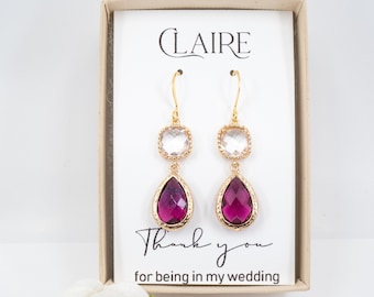 Long Fuchsia Gold Earrings - Pink Crystal Earrings - Dark Pink Earrings - Bridesmaid Gift - Bridesmaid Earrings - Pink Wedding