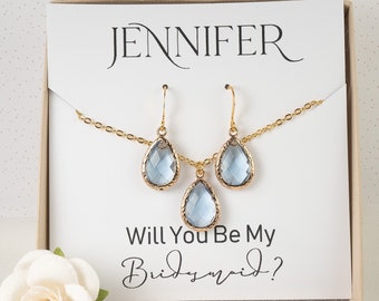 Light Blue Bridesmaid Jewelry Set - Dusty Blue Gold Jewelry - Bridesmaid Gift - Wedding Jewelry - Bridesmaid Earrings - Wedding Jewelry Set