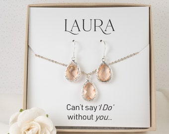 Blush Necklace Earring Set - Peach Silver Jewelry - Bridesmaid Gift - Wedding Jewelry - Bridesmaid Earrings - Blush Bridal Accessories