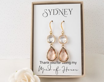 Peach Bridesmaid Earrings - Blush Bridesmaid Earrings - Peach Gold Earrings - Wedding Jewelry - Peach Clear Earrings - Bridesmaid Gift