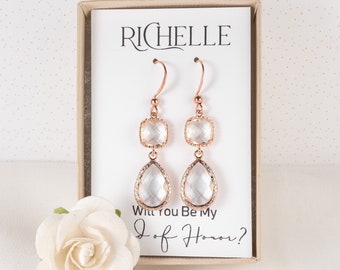 Crystal Rose Gold Bridesmaid Earrings - Rose Gold Clear Earrings - Bridal Jewelry - Bridesmaid Jewelry - Crystal Wedding Jewelry