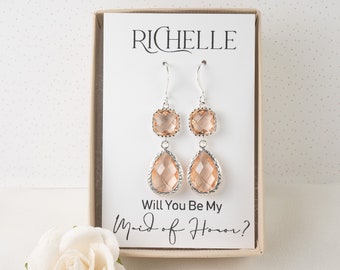 Peach Bridesmaid Earrings - Long Peach Earrings - Blush Bridesmaid Earrings - Wedding Jewelry - Bridesmaid Jewelry - Blush Silver Earrings