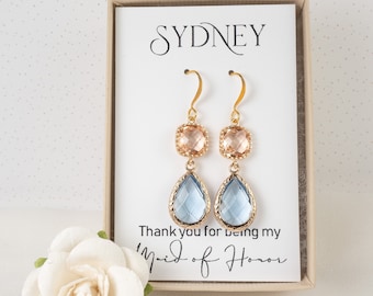 Long Light Blue Bridesmaid Earrings - Dusty Blue Earrings - Blue Peach Teardrop Earrings - Bridesmaid Jewelry - Dusty Blue Peach Earrings