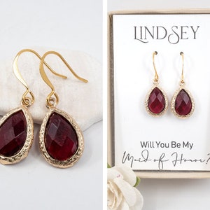 Burgundy Gold Teardrop Earrings - Gold Garnet Earrings - Burgundy Wedding - Bridesmaid Gift - Bridesmaid Earrings - Cabernet Wedding