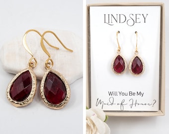 Burgundy Gold Teardrop Earrings - Gold Garnet Earrings - Burgundy Wedding - Bridesmaid Gift - Bridesmaid Earrings - Cabernet Wedding