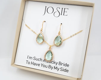 Light Green Bridesmaid Jewelry Set - Sage Green Gold Jewelry - Bridesmaid Gift - Wedding Jewelry - Bridesmaid Earrings - Wedding Jewelry Set