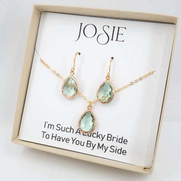 Light Green Bridesmaid Jewelry Set - Sage Green Gold Jewelry - Bridesmaid Gift - Wedding Jewelry - Bridesmaid Earrings - Wedding Jewelry Set