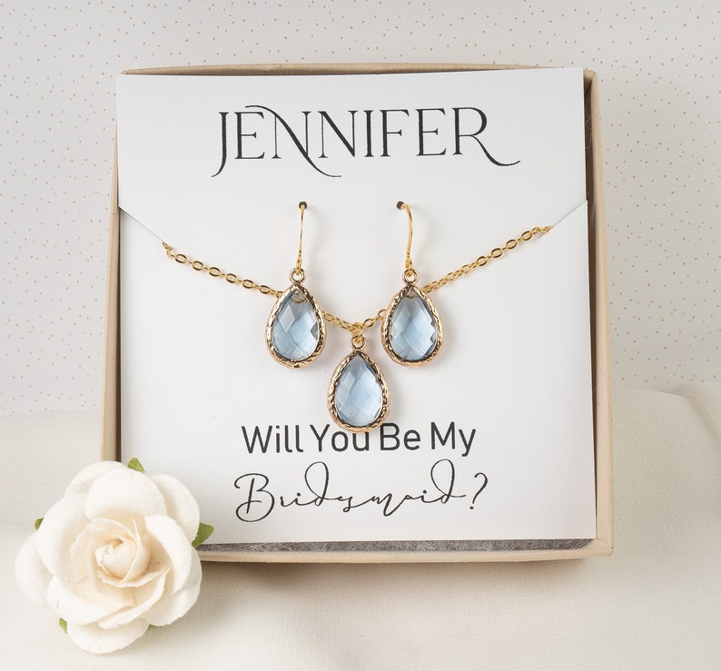 Light Blue Bridesmaid Jewelry Set Dusty Blue Gold Jewelry Bridesmaid Gift Wedding Jewelry Bridesmaid Earrings Wedding Jewelry Set image 1