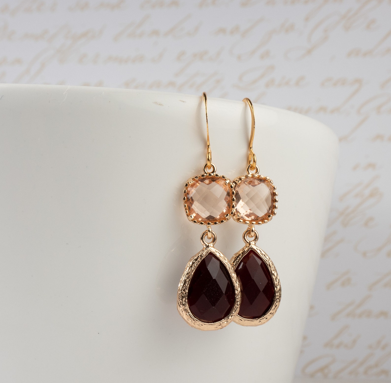 Long Burgundy Bridesmaid Earrings Gold Garnet and Peach | Etsy