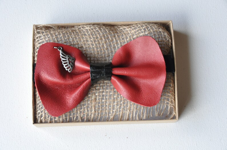 Handmade bow tie recycled genuine leather adjustable Velcro fastener