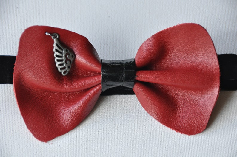 Handmade bow tie recycled genuine leather adjustable Velcro fastener