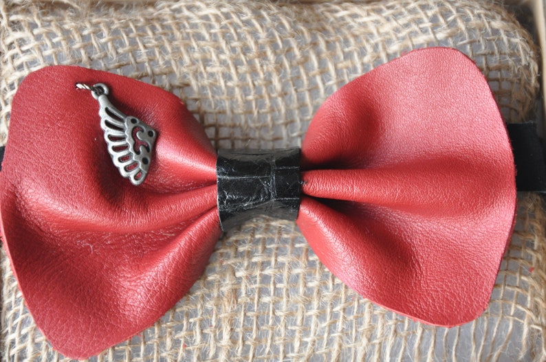 Handmade bow tie recycled genuine leather adjustable Velcro fastener