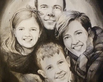 Custom Family Portraits, Hand-painted with ink from photo; Personalized gift idea!