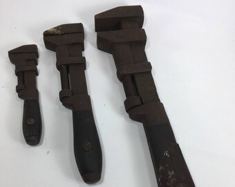 Antique Coes Monkey Wrench Lot plumber auto mechanic 10" 15" 6.5" old wood handle Mantique Adjustable Old 19002 Set lot industrial iron USA