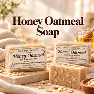 May include: Two rectangular bars of Honey Oatmeal shea-based soap wrapped in clear plastic. The labels read Dent Makes Cents, Honey Oatmeal, and list ingredients including honey, oatmeal, and shea-based soap. One bar is unwrapped, showing visible oatmeal flakes.