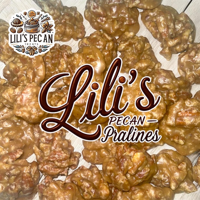 May include: A collection of golden-brown pecan pralines with a glossy, caramelized texture. The image features a logo in the top left corner reading Lili's Pecan Treats and large, dark brown text in the center reading Lili's Pecan Pralines.