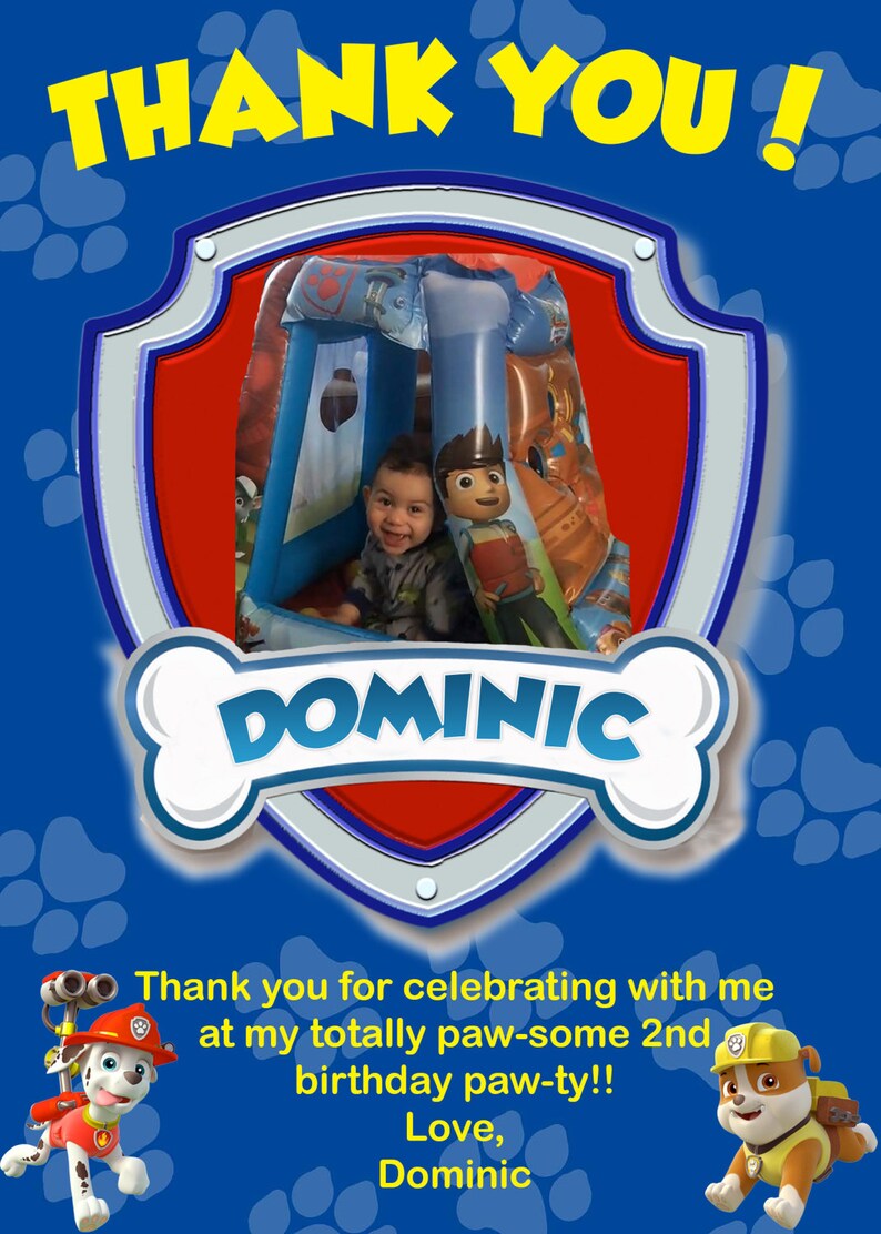 Paw Patrol Custom Thank You Card With Picture and Character - Etsy