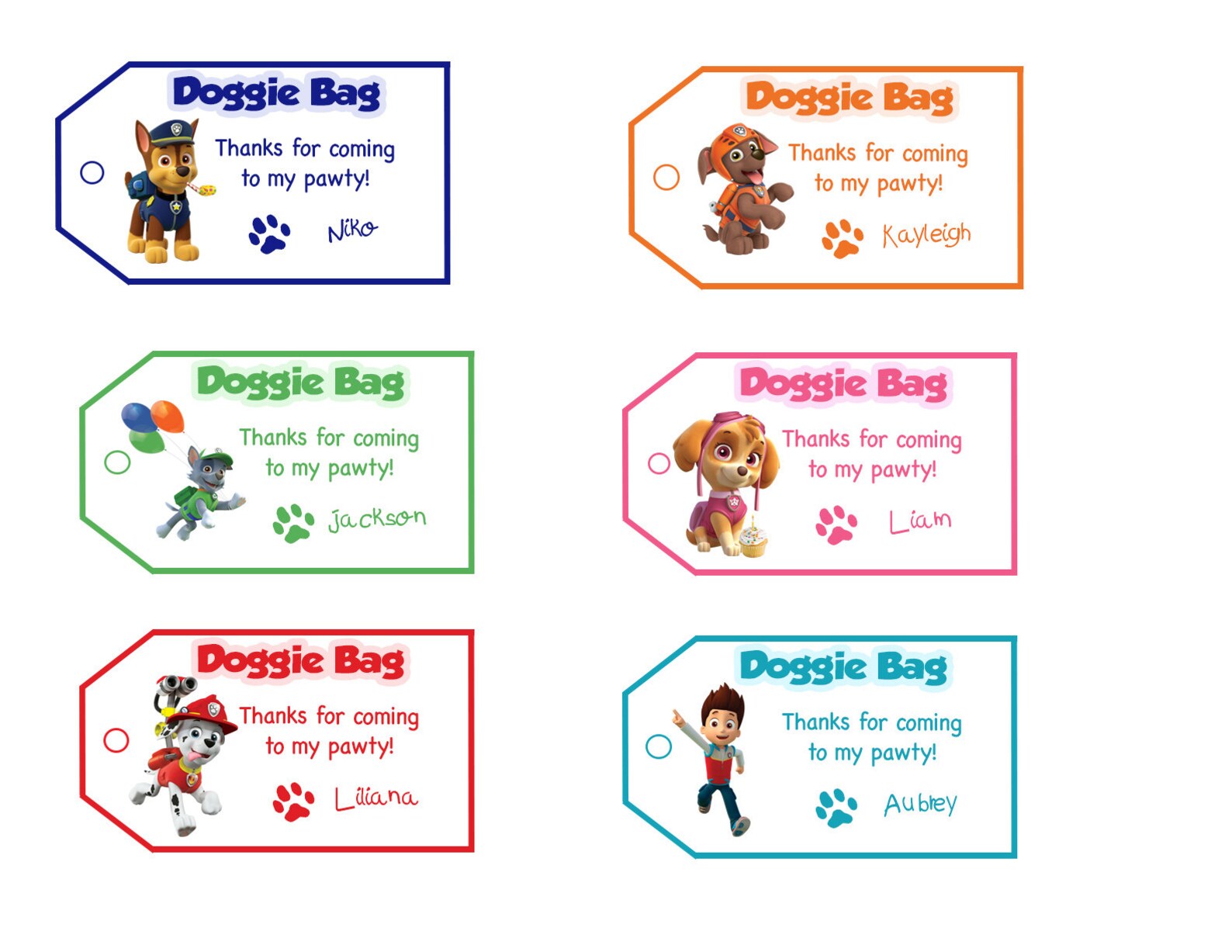 Bright Colors Paw Patrol Favor Tags Doggie Bags Girl Printable Etsy