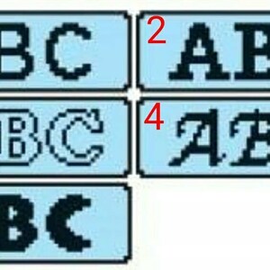 以下が含まれることがあります： 明るい青色の背景に黒い文字「ABC」が5つの異なるスタイルで表示されています。各スタイルは1から5まで番号が付けられています。