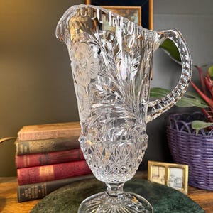Vintage Anna Hütte Bleikristall Lead Crystal Footed Pitcher with Etched Frosted Roses