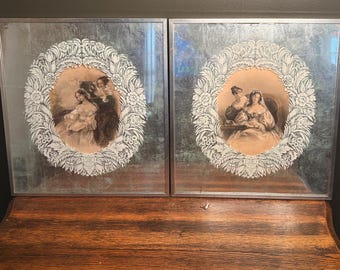 Vintage Framed Victorian Art Engravings with Striking Silver Leaf and Mirrored Detail - a Pair