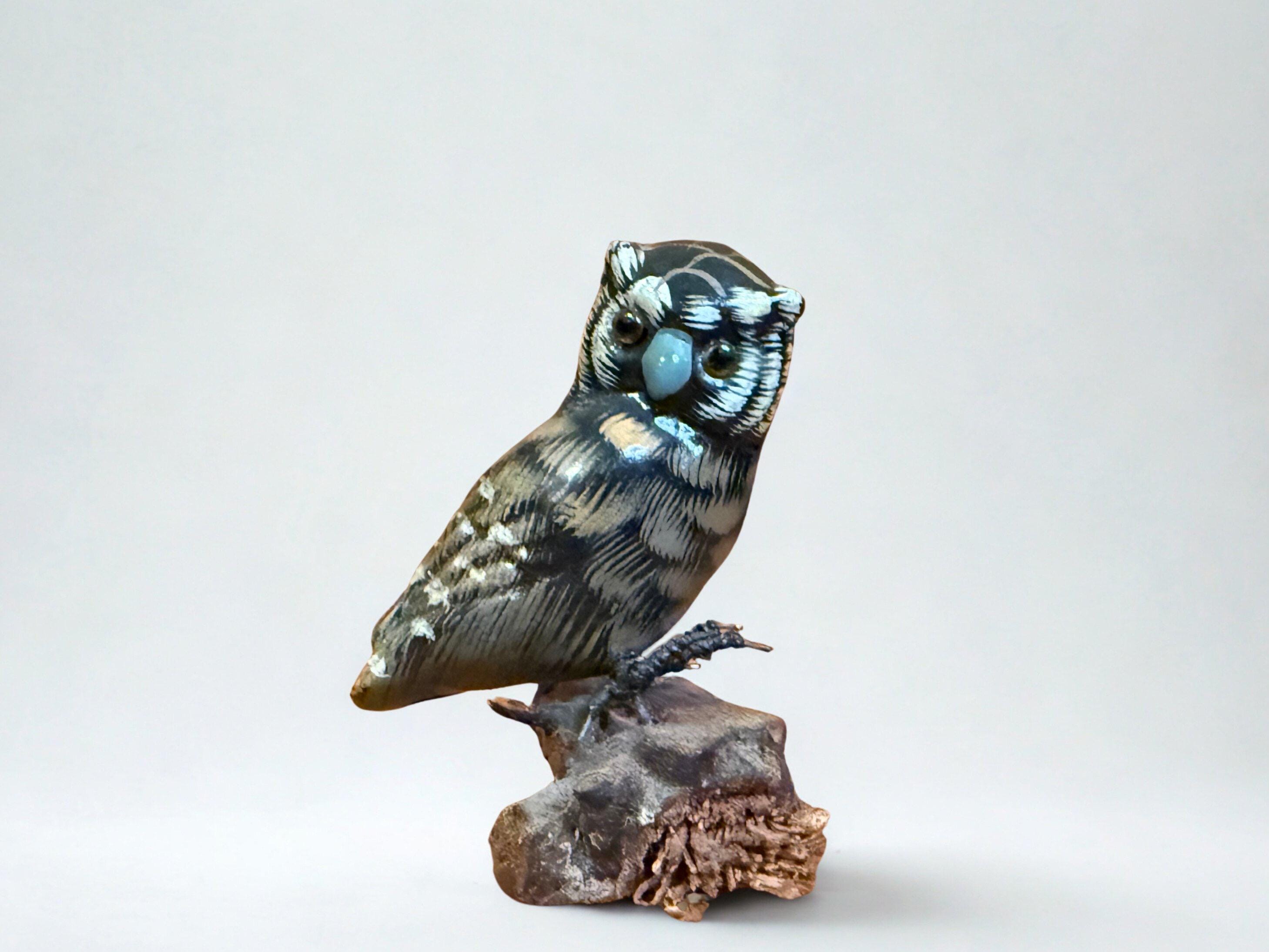 Vintage Hand-Carved Wooden Owl Figurine on Wooden Branch - 3&rdquo;