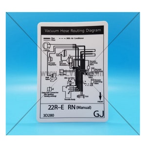 May include: A white sticker with a blue background features a "Vacuum Hose Routing Diagram" for a 22R-E RN (Manual) engine. The diagram includes labels for various components like the canister, valves, and throttle body, with text and lines indicating hose connections.