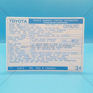 1987 22RE Vehicle Emission Control Information Decal (FED)