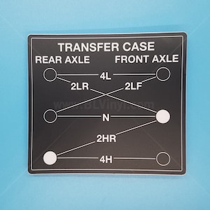Könnte beinhalten: Schwarzer Aufkleber für das Verteilergetriebe mit weißem Text und Kreisen. Der Text lautet "Transfer Case", "Rear Axle", "Front Axle", "4L", "2LR", "2LF", "N", "2HR" und "4H".