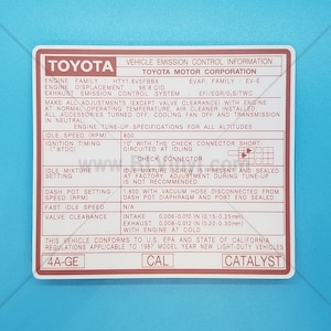 1987 4A-GE Vehicle Emission Control Information Decal (MR2, CAL)