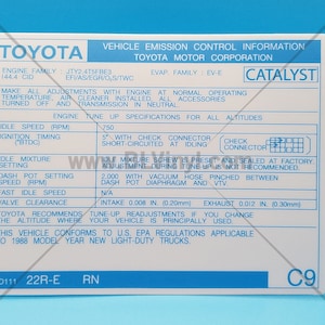 1988 22RE Vehicle Emission Control Information (FED)
