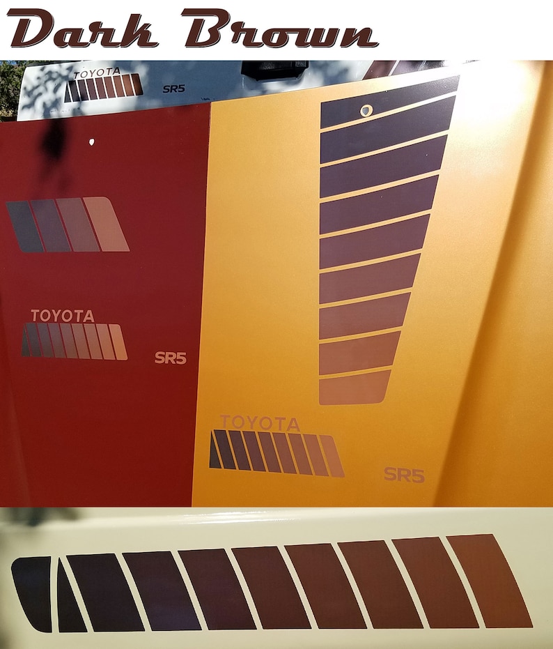 K&ouml;nnte beinhalten: Dunkelbraune Autoaufkleber mit Farbverlauf. Die Aufkleber zeigen das Toyota-Logo und den Text SR5. Die Farbpalette umfasst Braunt&ouml;ne und Gold. Das Bild zeigt auch einen separaten Streifen mit Aufklebern.