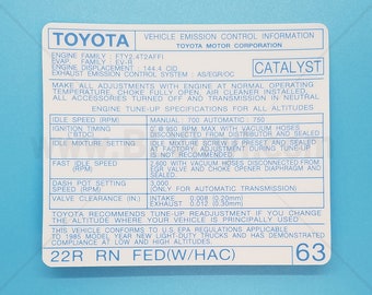 1985 22R Vehicle Emission Control Information Decal (RN FED w/HAC)
